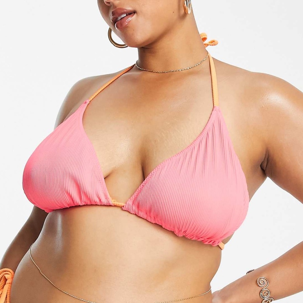 Plus Melissa reversible ribbed triangle bikini top in orange vs pink XL